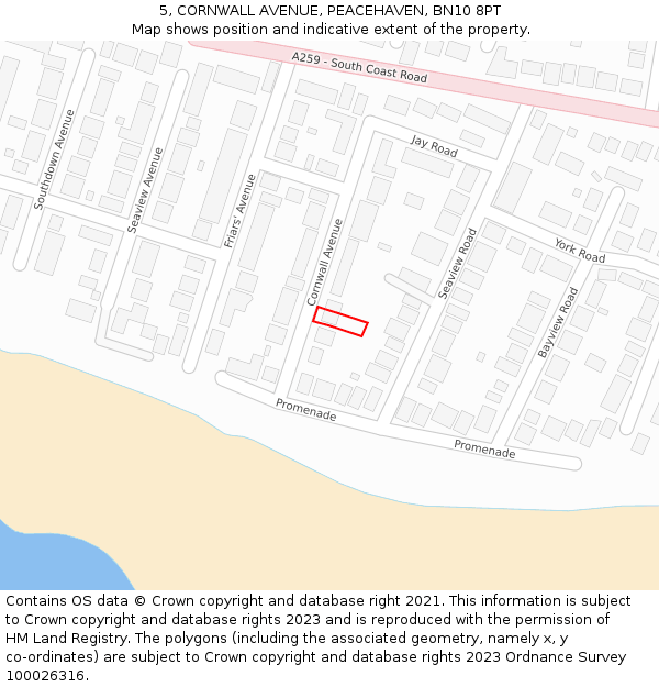 5, CORNWALL AVENUE, PEACEHAVEN, BN10 8PT: Location map and indicative extent of plot