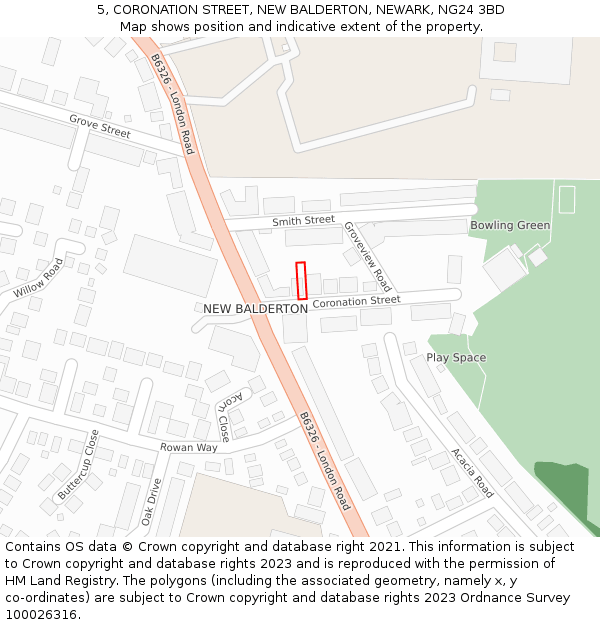 5, CORONATION STREET, NEW BALDERTON, NEWARK, NG24 3BD: Location map and indicative extent of plot