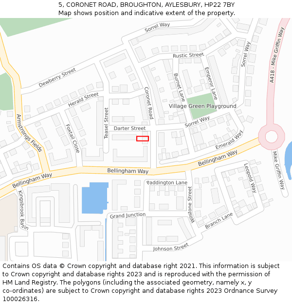 5, CORONET ROAD, BROUGHTON, AYLESBURY, HP22 7BY: Location map and indicative extent of plot