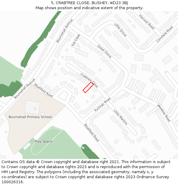 5, CRABTREE CLOSE, BUSHEY, WD23 3BJ: Location map and indicative extent of plot