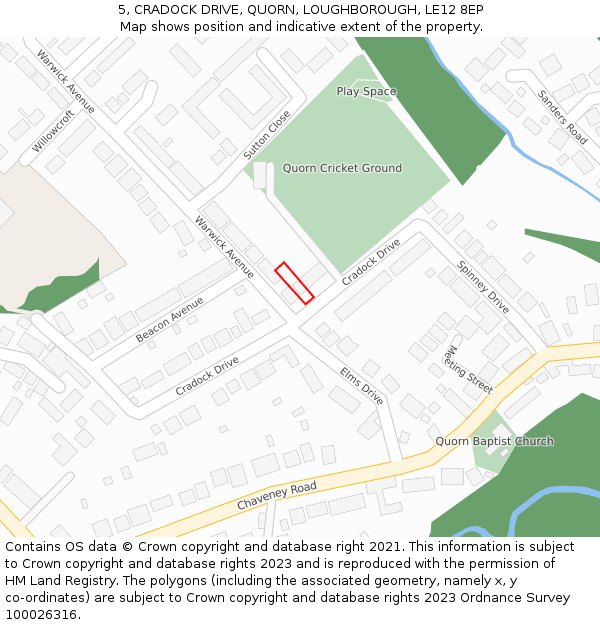 5, CRADOCK DRIVE, QUORN, LOUGHBOROUGH, LE12 8EP: Location map and indicative extent of plot