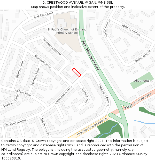 5, CRESTWOOD AVENUE, WIGAN, WN3 6SL: Location map and indicative extent of plot