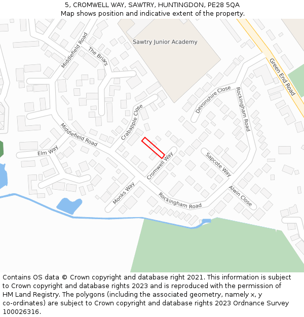 5, CROMWELL WAY, SAWTRY, HUNTINGDON, PE28 5QA: Location map and indicative extent of plot