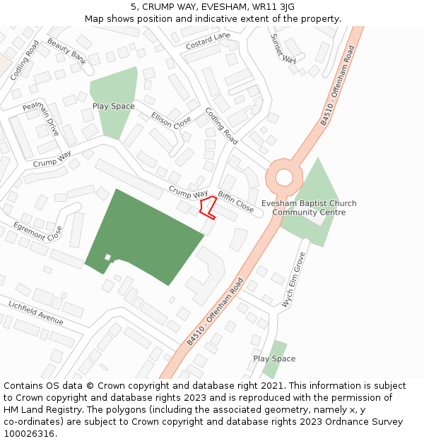 5, CRUMP WAY, EVESHAM, WR11 3JG: Location map and indicative extent of plot