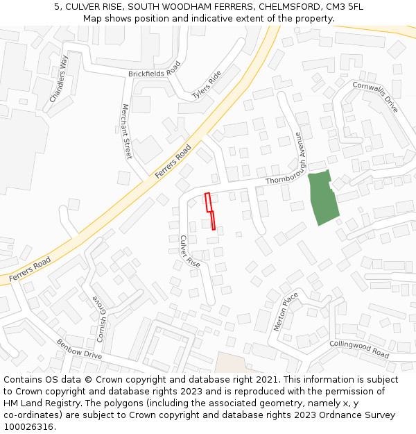 5, CULVER RISE, SOUTH WOODHAM FERRERS, CHELMSFORD, CM3 5FL: Location map and indicative extent of plot