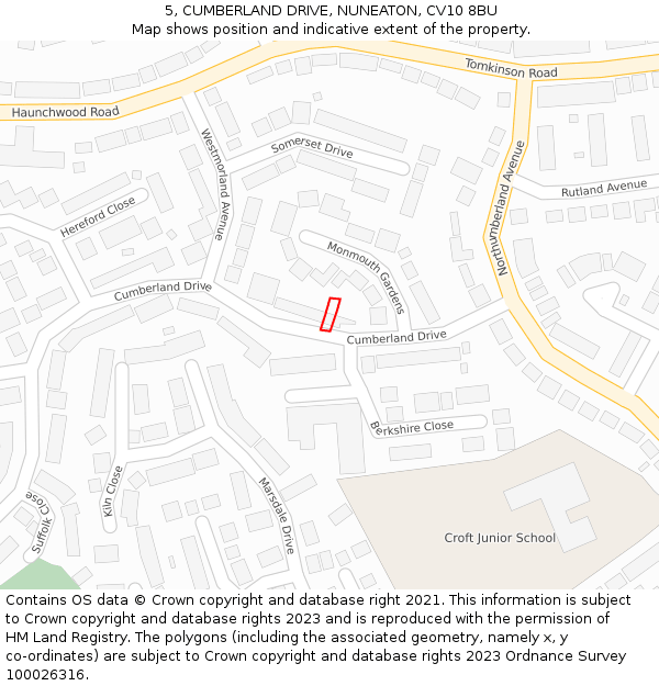 5, CUMBERLAND DRIVE, NUNEATON, CV10 8BU: Location map and indicative extent of plot