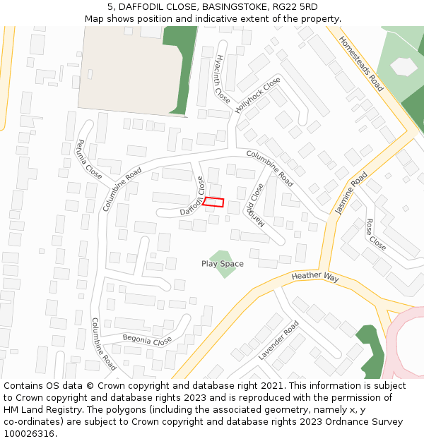 5, DAFFODIL CLOSE, BASINGSTOKE, RG22 5RD: Location map and indicative extent of plot