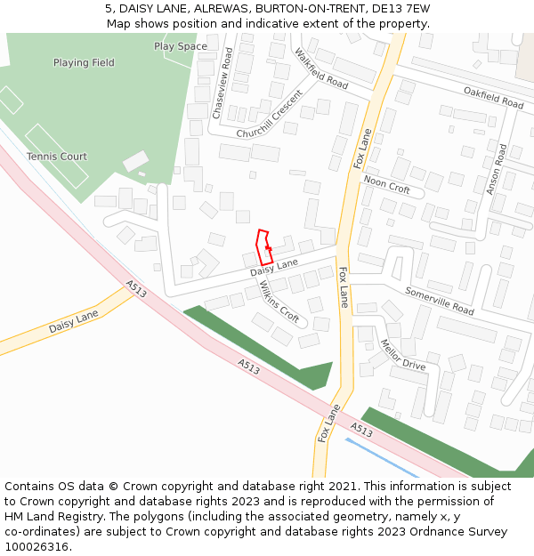 5, DAISY LANE, ALREWAS, BURTON-ON-TRENT, DE13 7EW: Location map and indicative extent of plot