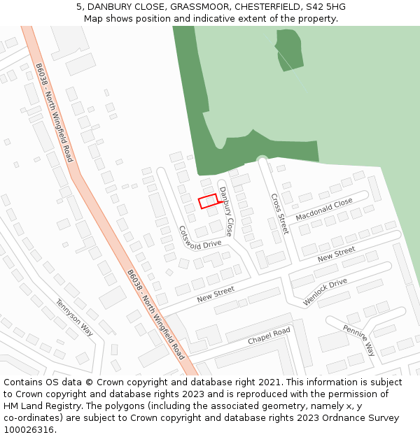 5, DANBURY CLOSE, GRASSMOOR, CHESTERFIELD, S42 5HG: Location map and indicative extent of plot