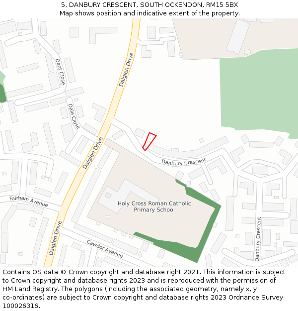 5, DANBURY CRESCENT, SOUTH OCKENDON, RM15 5BX: Location map and indicative extent of plot
