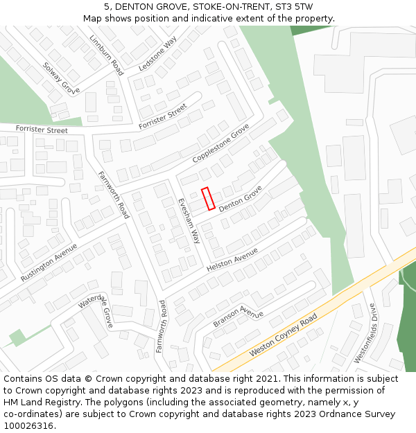 5, DENTON GROVE, STOKE-ON-TRENT, ST3 5TW: Location map and indicative extent of plot