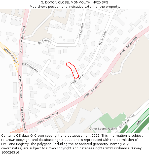 5, DIXTON CLOSE, MONMOUTH, NP25 3PG: Location map and indicative extent of plot