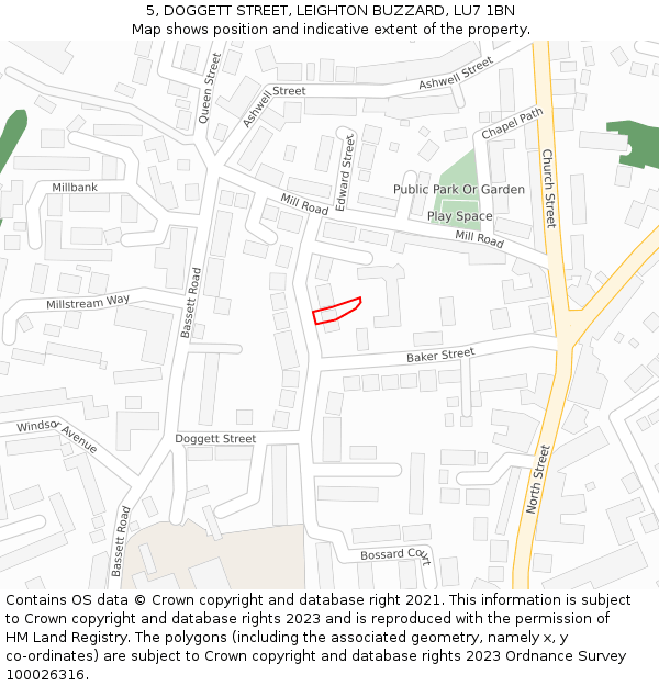 5, DOGGETT STREET, LEIGHTON BUZZARD, LU7 1BN: Location map and indicative extent of plot
