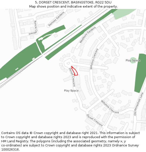 5, DORSET CRESCENT, BASINGSTOKE, RG22 5DU: Location map and indicative extent of plot