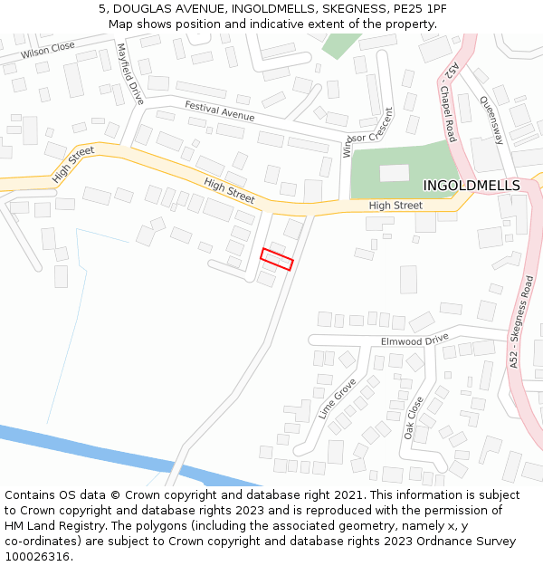 5, DOUGLAS AVENUE, INGOLDMELLS, SKEGNESS, PE25 1PF: Location map and indicative extent of plot