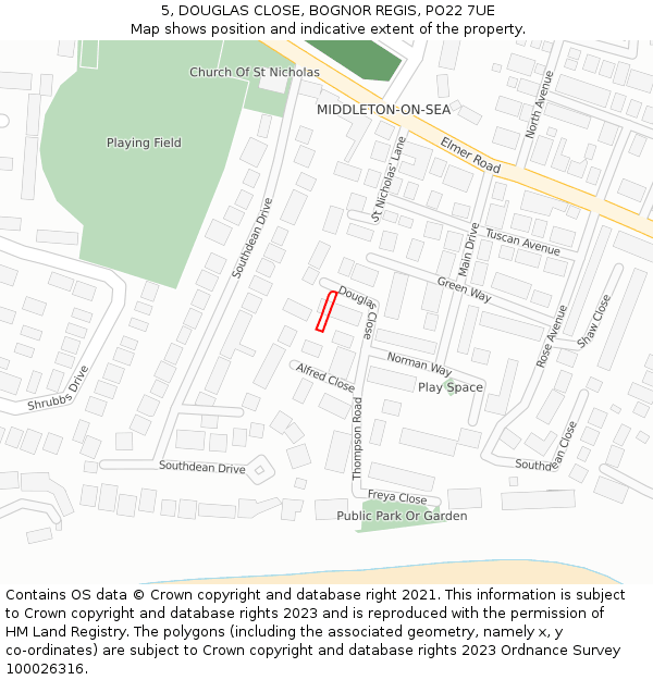 5, DOUGLAS CLOSE, BOGNOR REGIS, PO22 7UE: Location map and indicative extent of plot