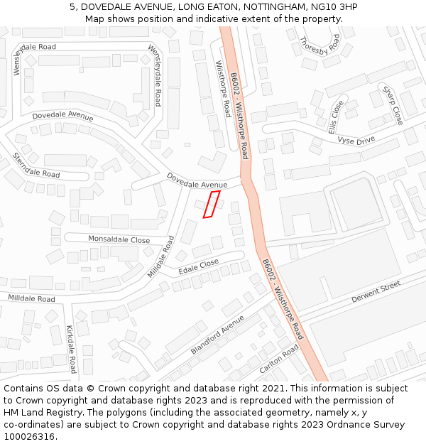 5, DOVEDALE AVENUE, LONG EATON, NOTTINGHAM, NG10 3HP: Location map and indicative extent of plot