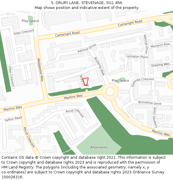 5, DRURY LANE, STEVENAGE, SG1 4RA: Location map and indicative extent of plot