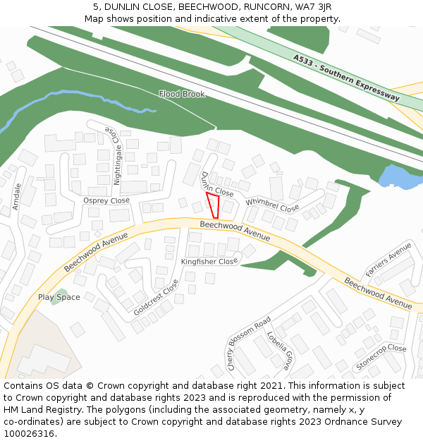 5, DUNLIN CLOSE, BEECHWOOD, RUNCORN, WA7 3JR: Location map and indicative extent of plot