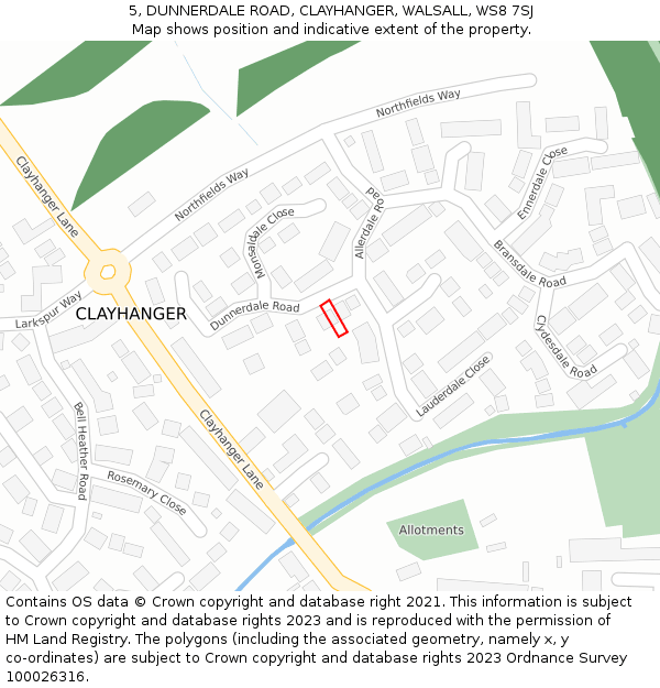 5, DUNNERDALE ROAD, CLAYHANGER, WALSALL, WS8 7SJ: Location map and indicative extent of plot