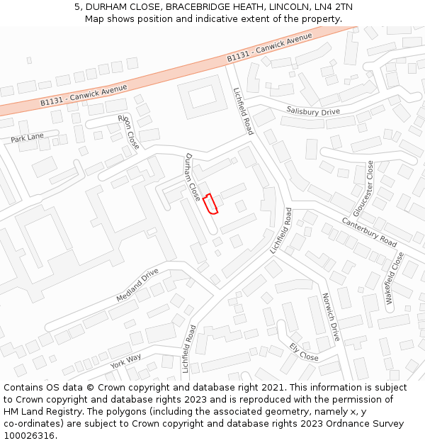 5, DURHAM CLOSE, BRACEBRIDGE HEATH, LINCOLN, LN4 2TN: Location map and indicative extent of plot