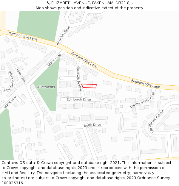 5, ELIZABETH AVENUE, FAKENHAM, NR21 8JU: Location map and indicative extent of plot