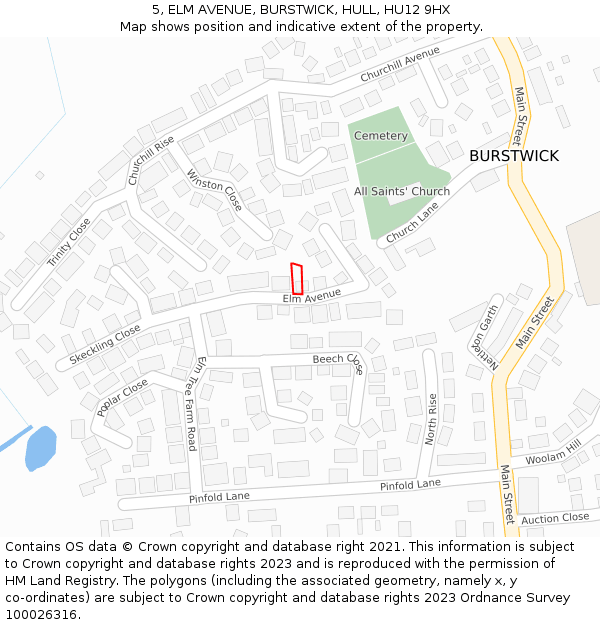 5, ELM AVENUE, BURSTWICK, HULL, HU12 9HX: Location map and indicative extent of plot