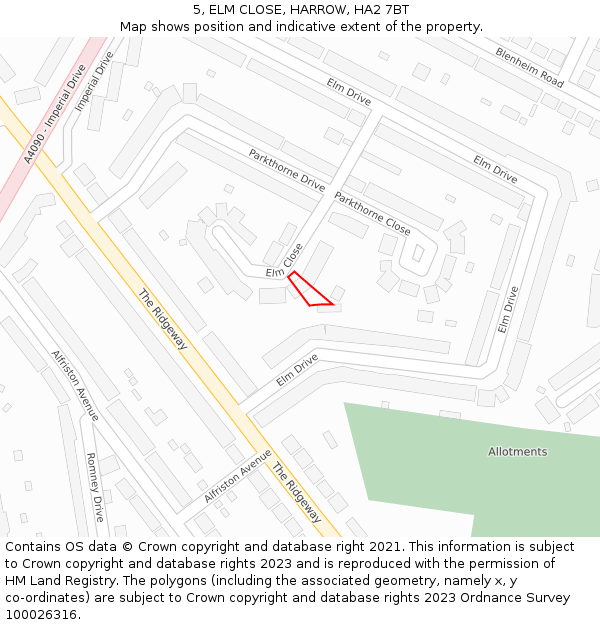 5, ELM CLOSE, HARROW, HA2 7BT: Location map and indicative extent of plot