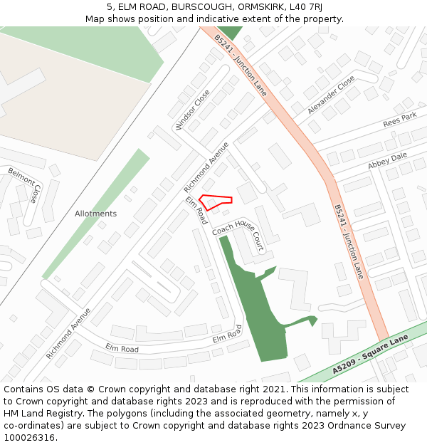 5, ELM ROAD, BURSCOUGH, ORMSKIRK, L40 7RJ: Location map and indicative extent of plot