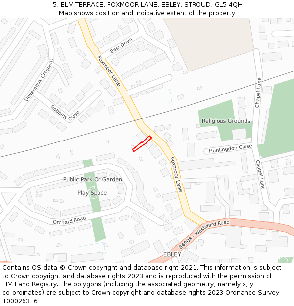 5, ELM TERRACE, FOXMOOR LANE, EBLEY, STROUD, GL5 4QH: Location map and indicative extent of plot