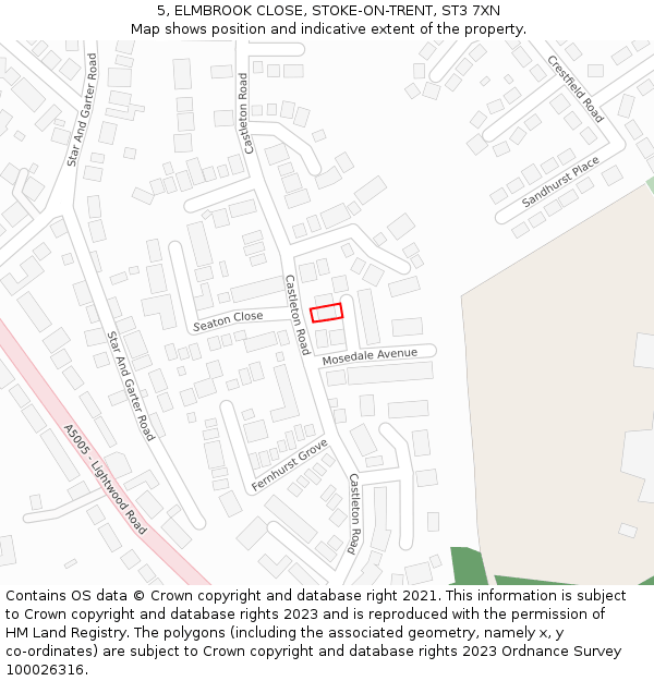 5, ELMBROOK CLOSE, STOKE-ON-TRENT, ST3 7XN: Location map and indicative extent of plot