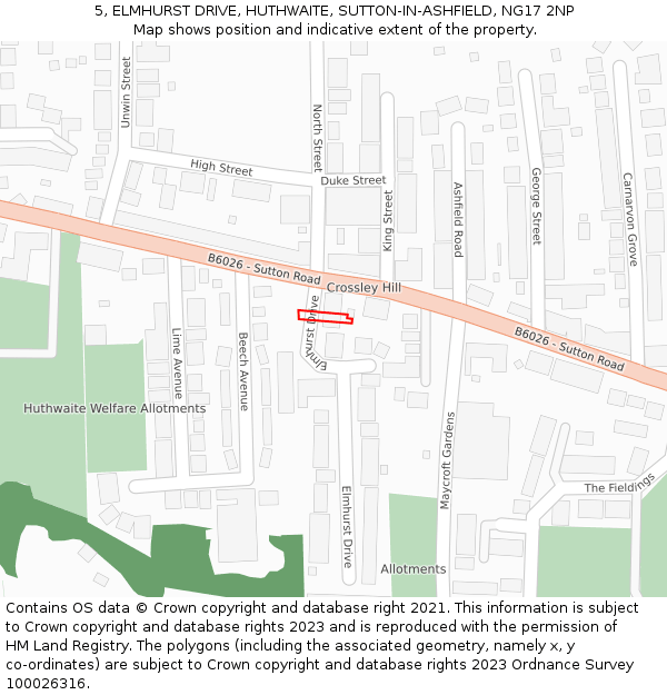 5, ELMHURST DRIVE, HUTHWAITE, SUTTON-IN-ASHFIELD, NG17 2NP: Location map and indicative extent of plot