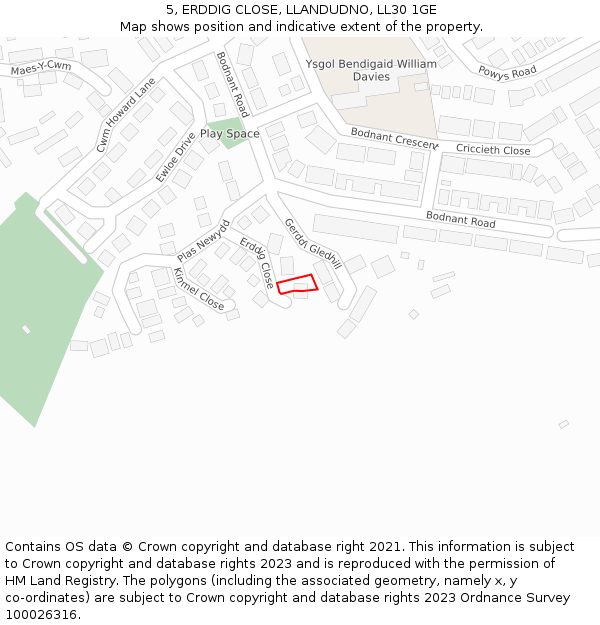 5, ERDDIG CLOSE, LLANDUDNO, LL30 1GE: Location map and indicative extent of plot