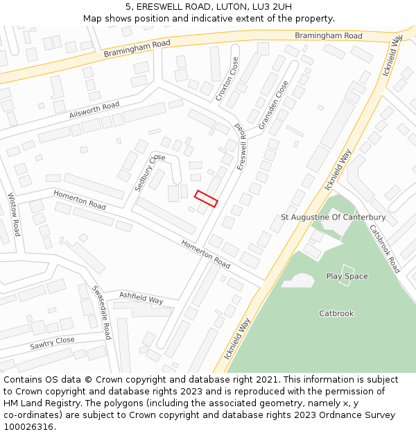5, ERESWELL ROAD, LUTON, LU3 2UH: Location map and indicative extent of plot