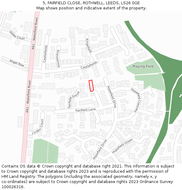 5, FAIRFIELD CLOSE, ROTHWELL, LEEDS, LS26 0GE: Location map and indicative extent of plot