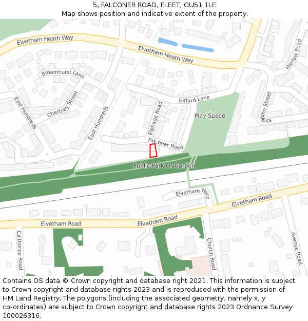 5, FALCONER ROAD, FLEET, GU51 1LE: Location map and indicative extent of plot