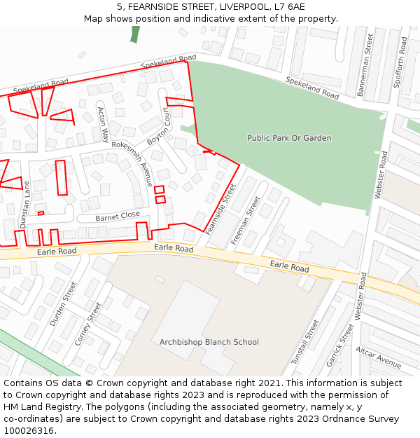 5, FEARNSIDE STREET, LIVERPOOL, L7 6AE: Location map and indicative extent of plot