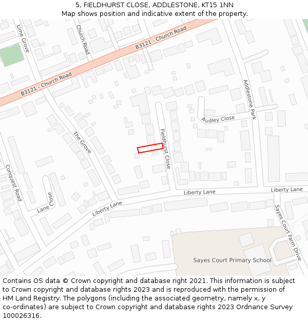 5, FIELDHURST CLOSE, ADDLESTONE, KT15 1NN: Location map and indicative extent of plot