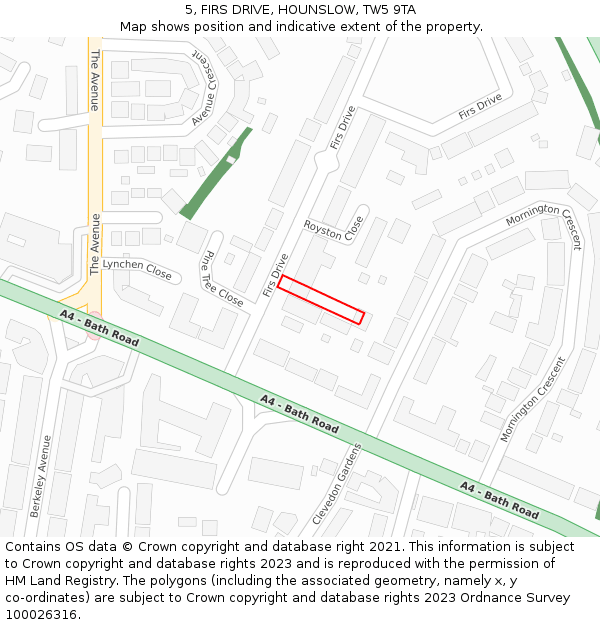 5, FIRS DRIVE, HOUNSLOW, TW5 9TA: Location map and indicative extent of plot