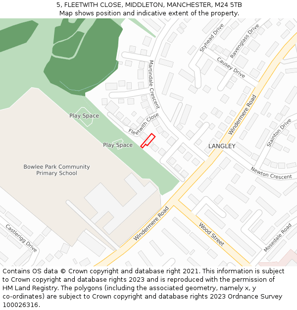 5, FLEETWITH CLOSE, MIDDLETON, MANCHESTER, M24 5TB: Location map and indicative extent of plot