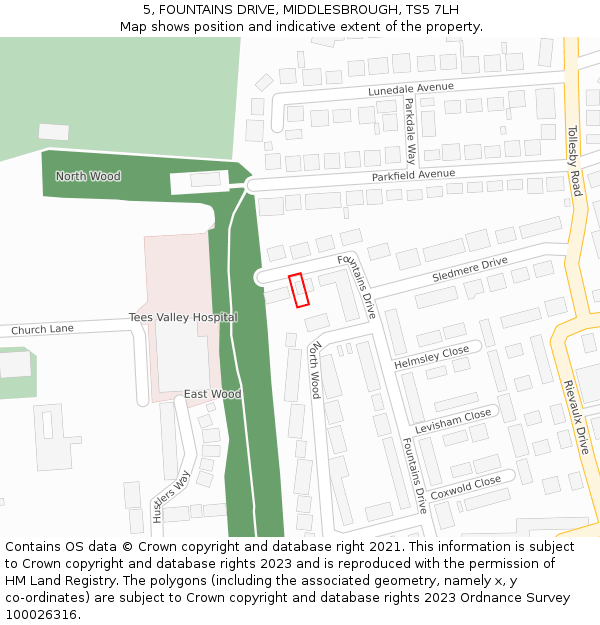 5, FOUNTAINS DRIVE, MIDDLESBROUGH, TS5 7LH: Location map and indicative extent of plot