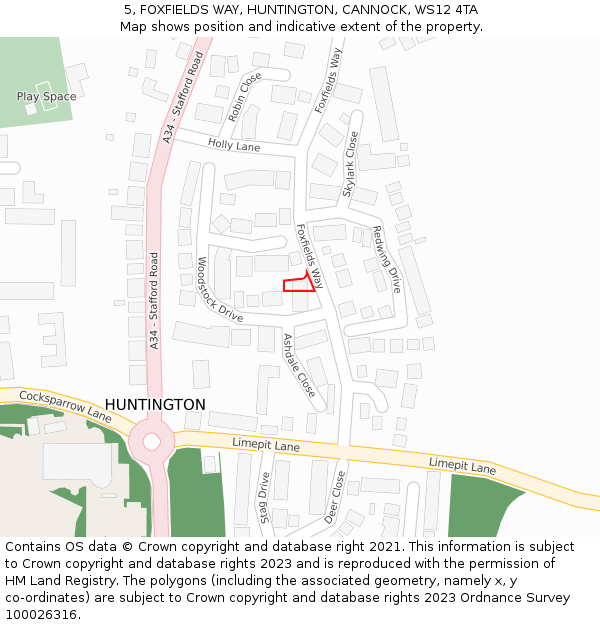 5, FOXFIELDS WAY, HUNTINGTON, CANNOCK, WS12 4TA: Location map and indicative extent of plot