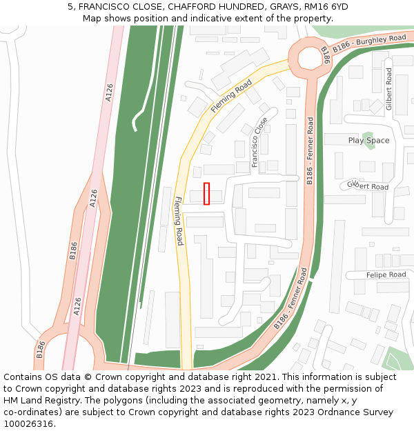 5, FRANCISCO CLOSE, CHAFFORD HUNDRED, GRAYS, RM16 6YD: Location map and indicative extent of plot