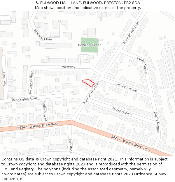 5, FULWOOD HALL LANE, FULWOOD, PRESTON, PR2 8DA: Location map and indicative extent of plot