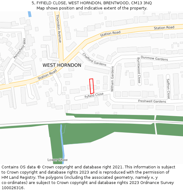 5, FYFIELD CLOSE, WEST HORNDON, BRENTWOOD, CM13 3NQ: Location map and indicative extent of plot