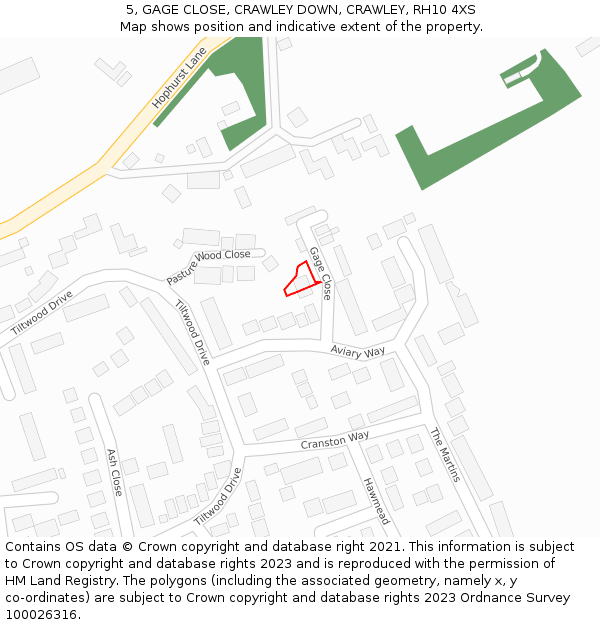 5, GAGE CLOSE, CRAWLEY DOWN, CRAWLEY, RH10 4XS: Location map and indicative extent of plot