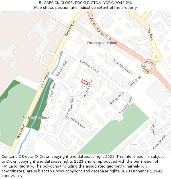 5, GARRICK CLOSE, POCKLINGTON, YORK, YO42 2YX: Location map and indicative extent of plot