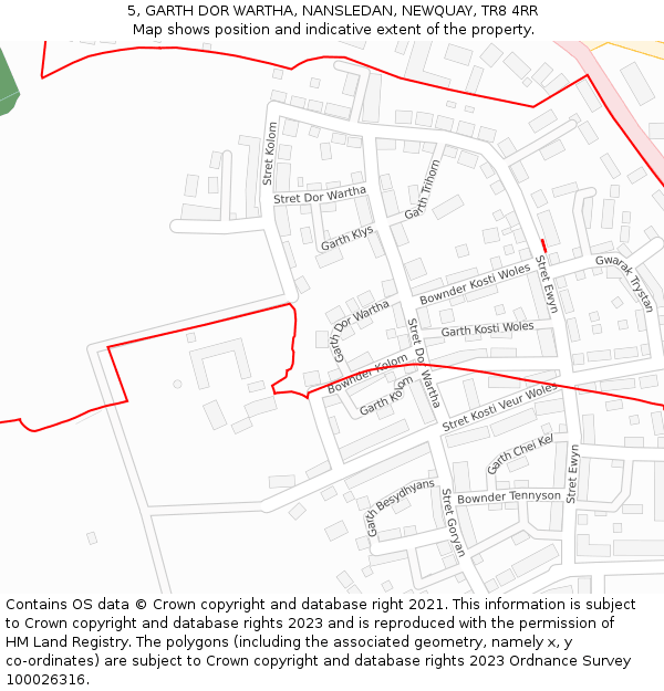 5, GARTH DOR WARTHA, NANSLEDAN, NEWQUAY, TR8 4RR: Location map and indicative extent of plot