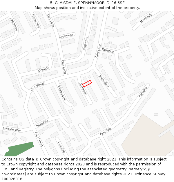 5, GLAISDALE, SPENNYMOOR, DL16 6SE: Location map and indicative extent of plot
