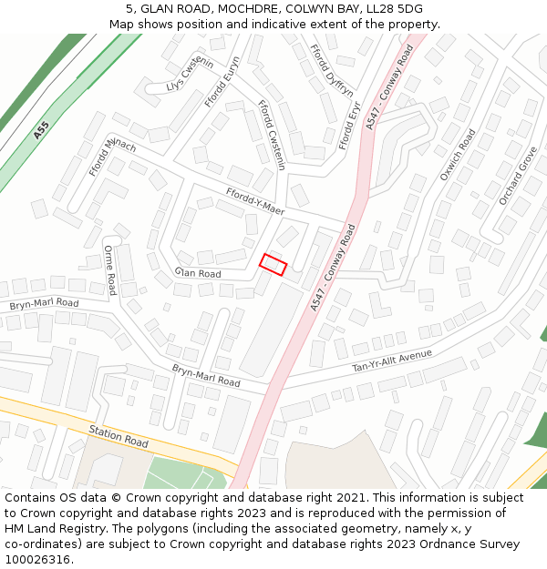 5, GLAN ROAD, MOCHDRE, COLWYN BAY, LL28 5DG: Location map and indicative extent of plot